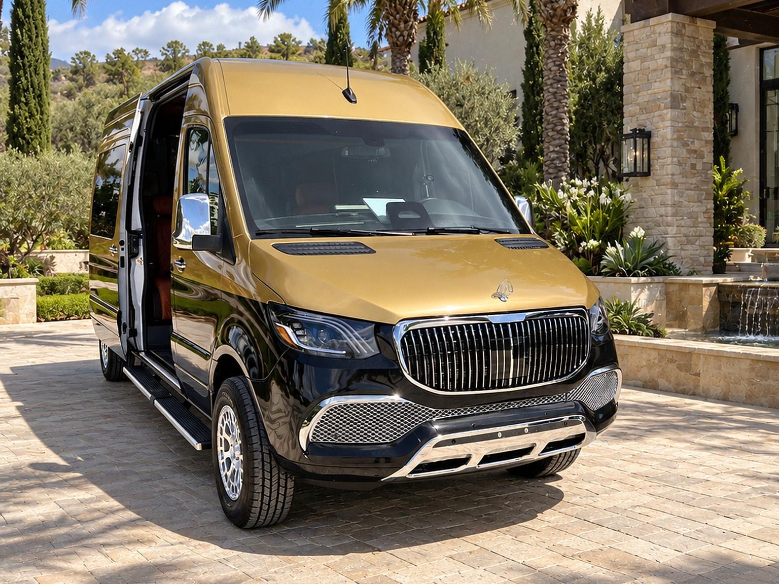 Gold-and-black Maybach Sprinter — front three-quarter view with the side door open