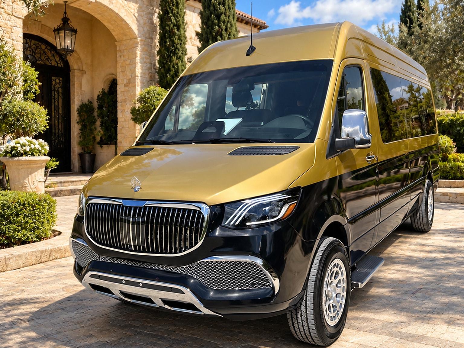 Gold-and-black Maybach Sprinter — front three-quarter view