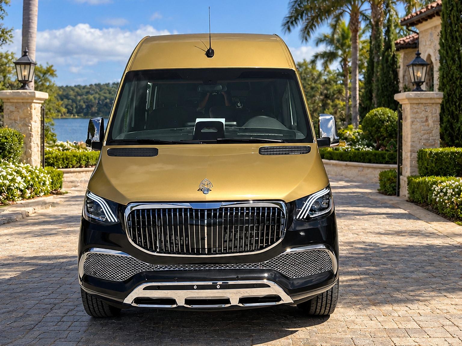 Gold-and-black Maybach Sprinter — front view