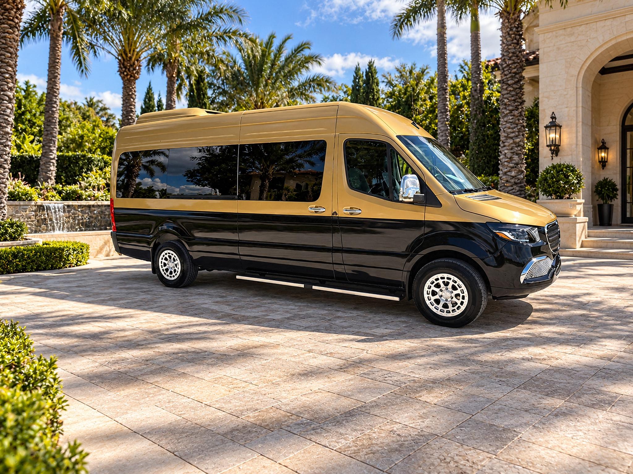 Gold-and-black Maybach Sprinter — side three-quarter view