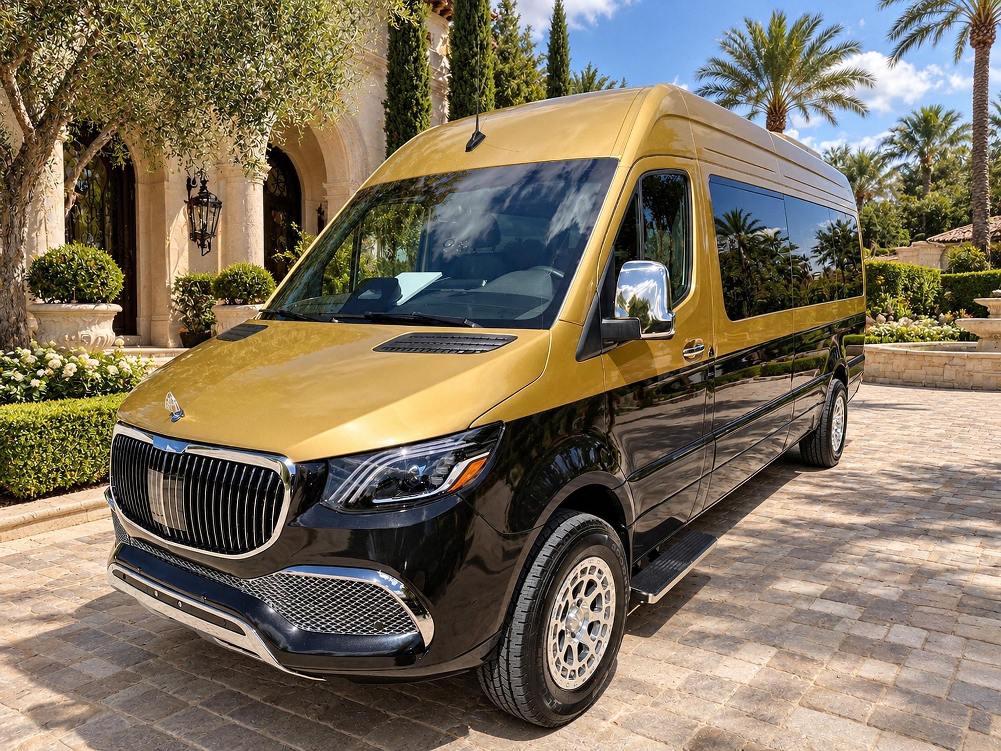 Gold-and-black Maybach Sprinter — close front three-quarter view