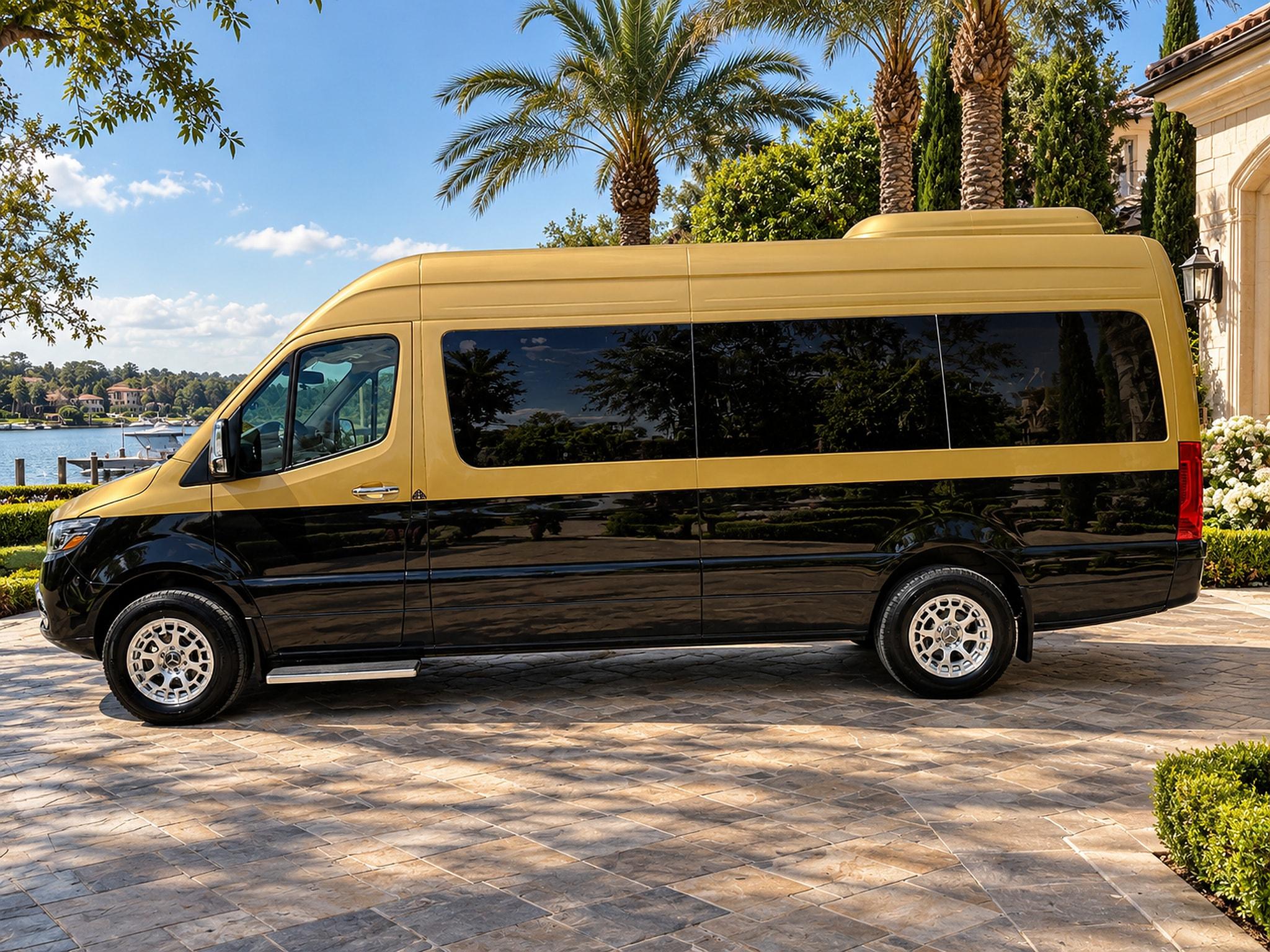 Gold-and-black Maybach Sprinter — side profile