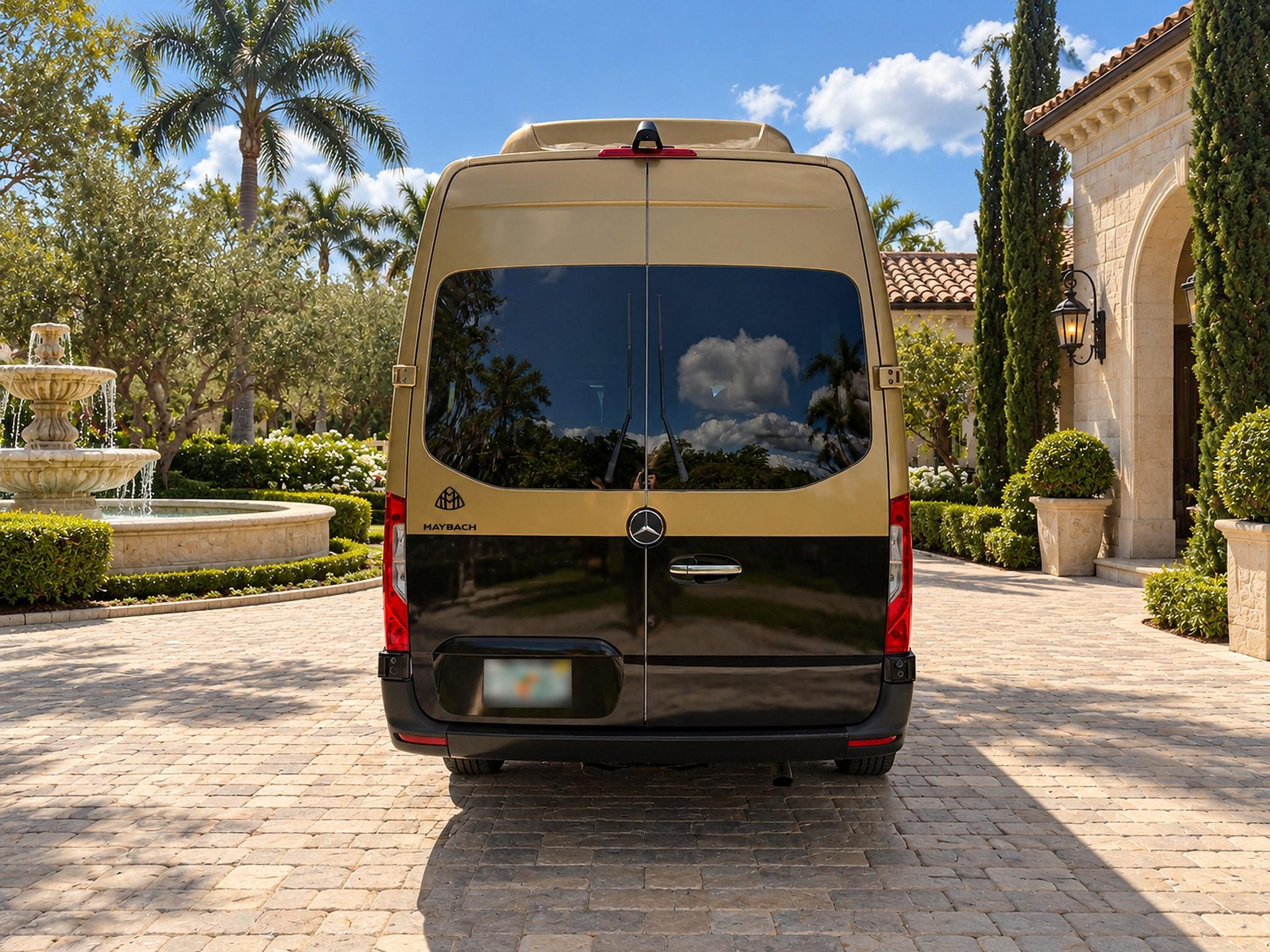 Gold-and-black Maybach Sprinter — rear view