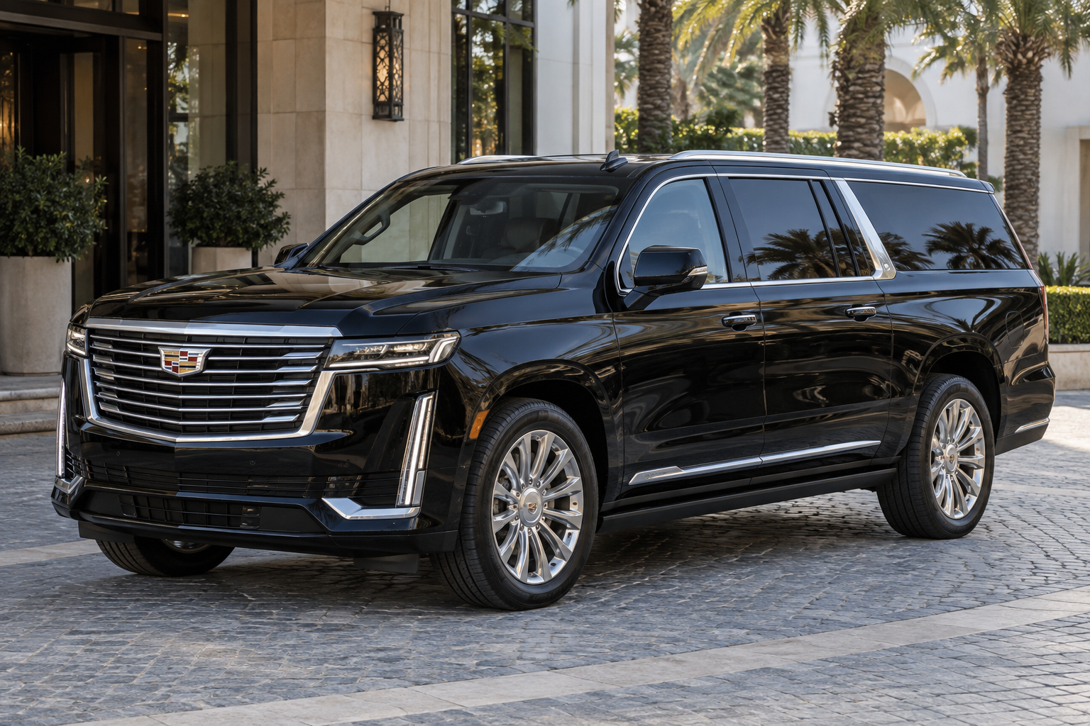 Front three-quarter view of the blacked-out 2023 Cadillac Escalade ESV at dusk, parked on a lit stone forecourt outside a modern building, showing its full extended-wheelbase length, gloss-black mesh grille and colour Cadillac crest, vertical LED light blades, privacy-tinted windows and gloss-black 22-inch wheels.
